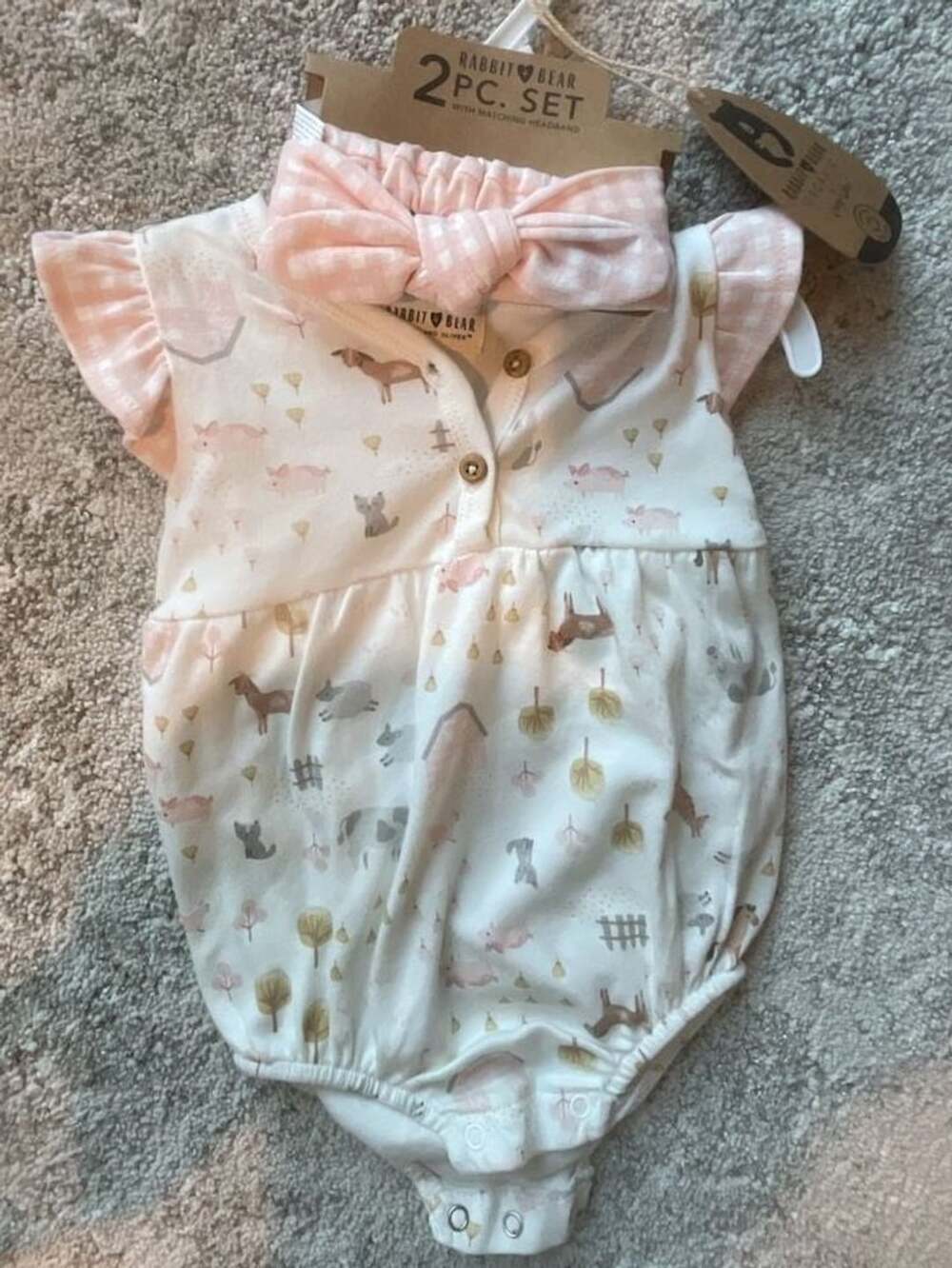 BNWT Rabbit Bear Organic Baby Bubble Romper Size 6-9M Farm Animals Pink Set